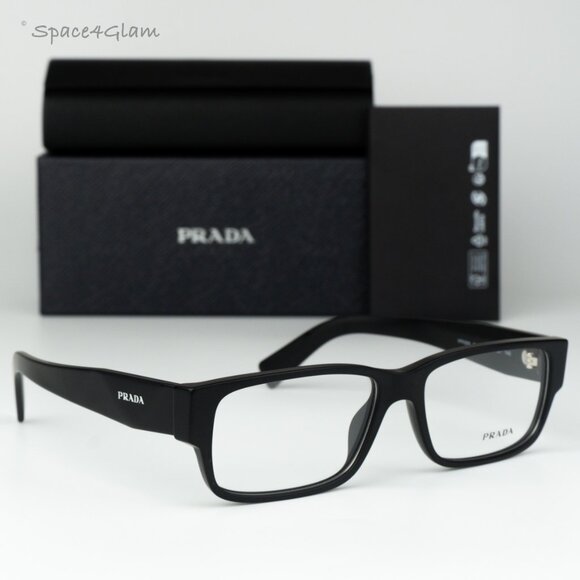Prada Women Eyeglasses Matte Black Clear Rectangle PRB09V 12P1O1 NEW AUTHENTIC - Picture 1 of 9